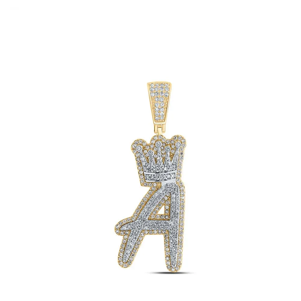 10kt Yellow Gold Men's Diamond Crown Letter Charm Pendant - 1-1/4 Cttw