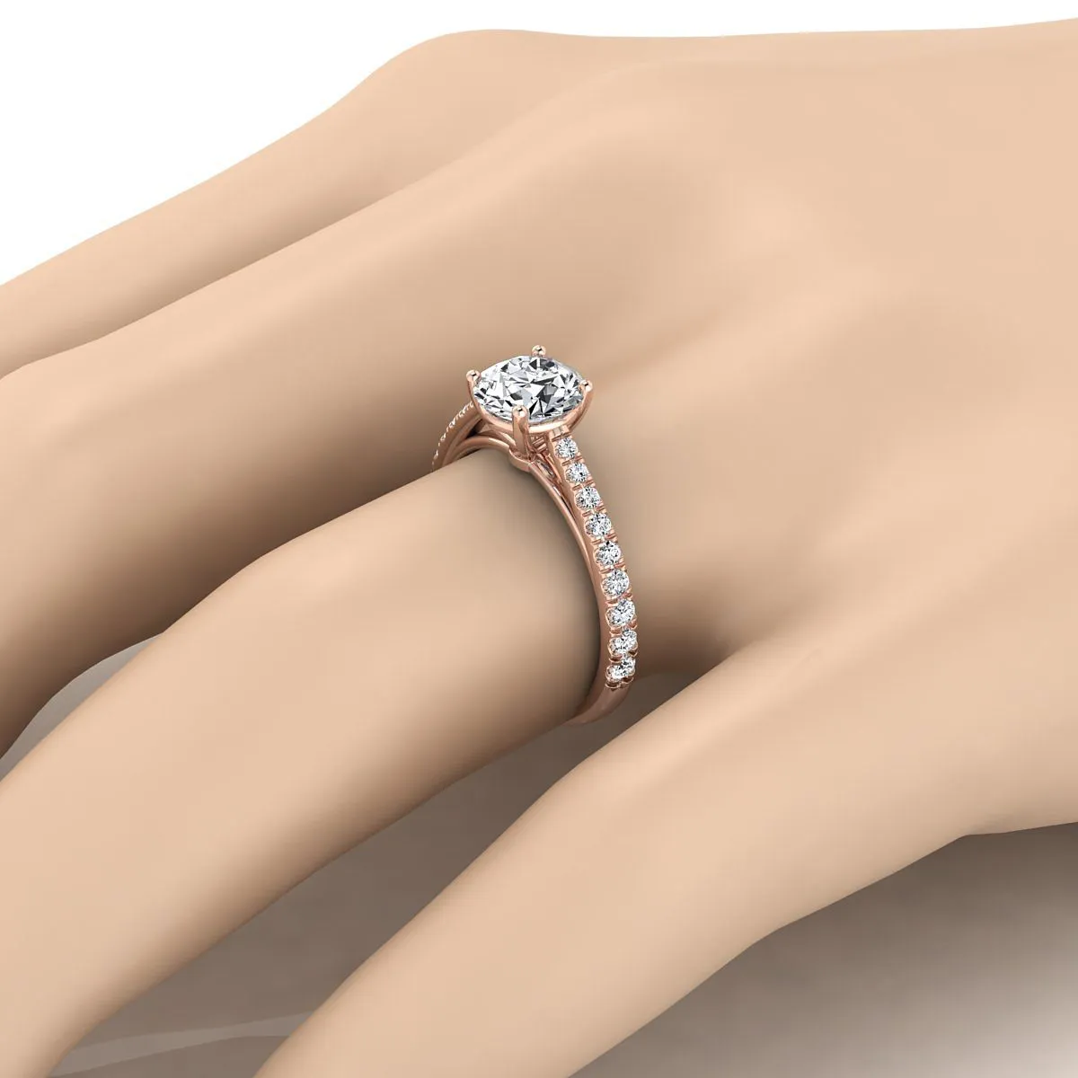 14K Rose Gold Round Brilliant Diamond French Pave Cathedral Style Solitaire Engagement Ring -1/4ctw