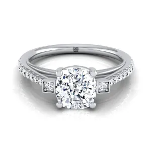 14K White Gold Cushion Diamond Delicate Three Stone Pave Engagement Ring -1/3ctw