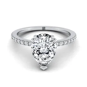14K White Gold Pear Shape Center Diamond Simple French Pave Double Claw Prong Engagement Ring -1/6ctw