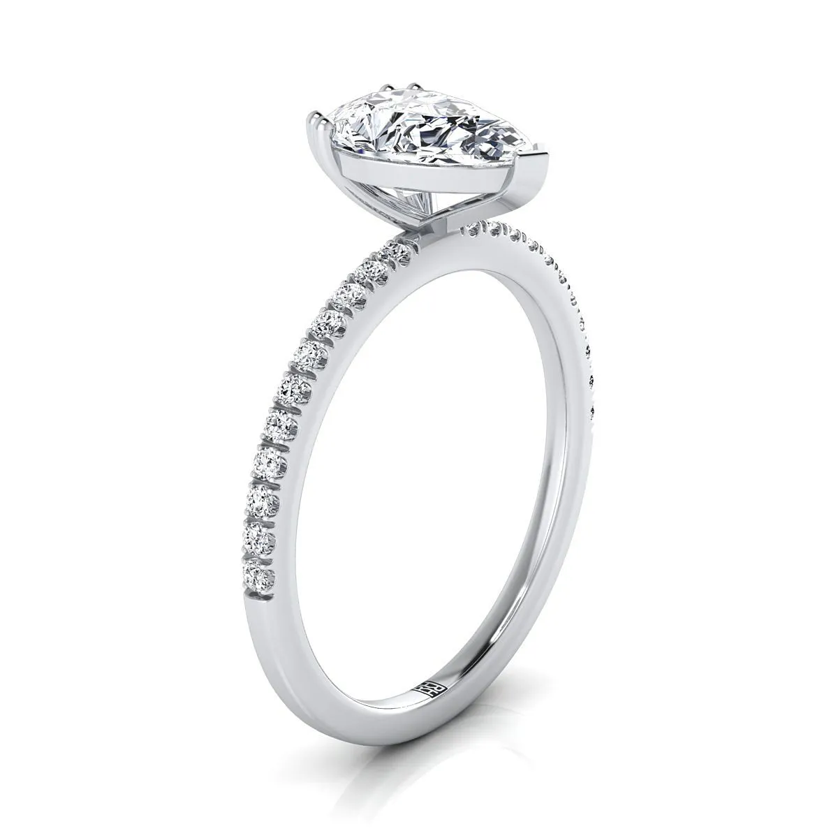 14K White Gold Pear Shape Center Diamond Simple French Pave Double Claw Prong Engagement Ring -1/6ctw