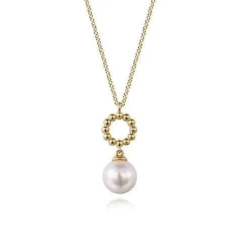 14K Y Gold 8mm Pearl Pendant with Beaded Circle