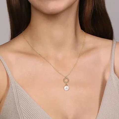 14K Y Gold 8mm Pearl Pendant with Beaded Circle