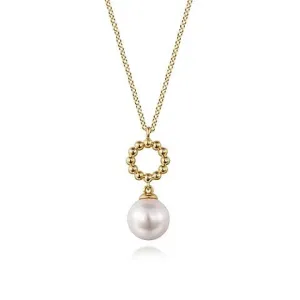 14K Y Gold 8mm Pearl Pendant with Beaded Circle