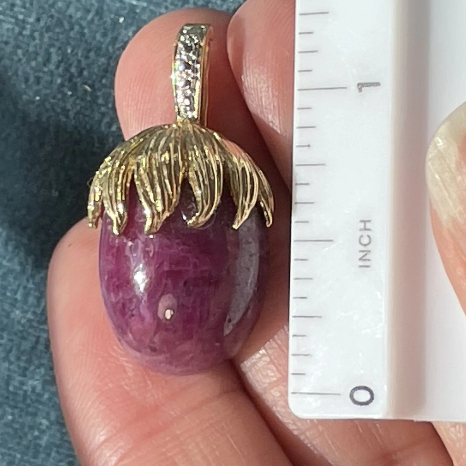 14k Yellow Gold 20 Carat Cabochon Ruby Pendant w Diamond Enhancer Bail