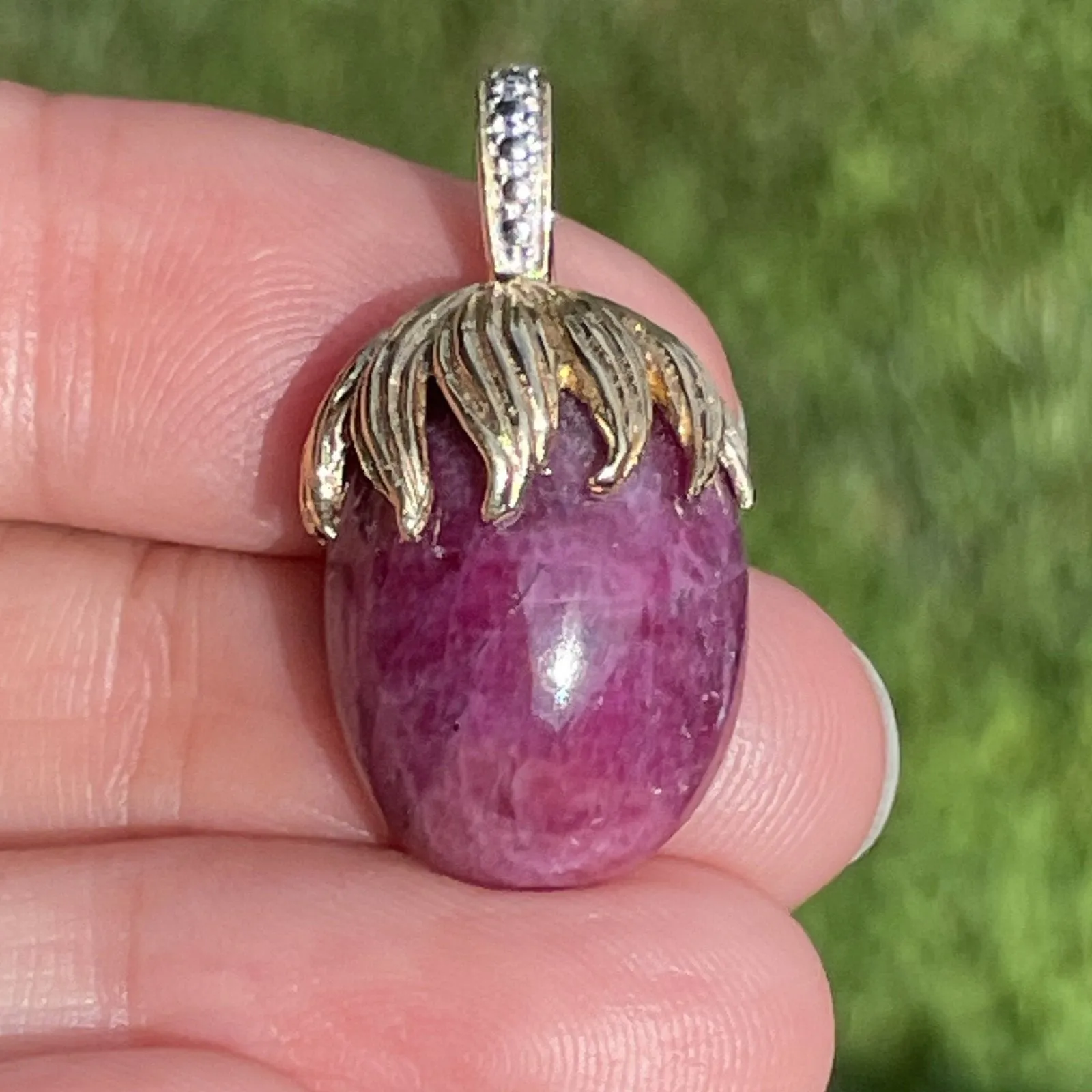 14k Yellow Gold 20 Carat Cabochon Ruby Pendant w Diamond Enhancer Bail