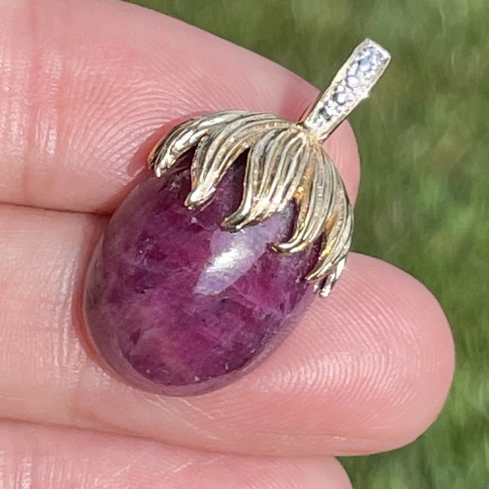 14k Yellow Gold 20 Carat Cabochon Ruby Pendant w Diamond Enhancer Bail