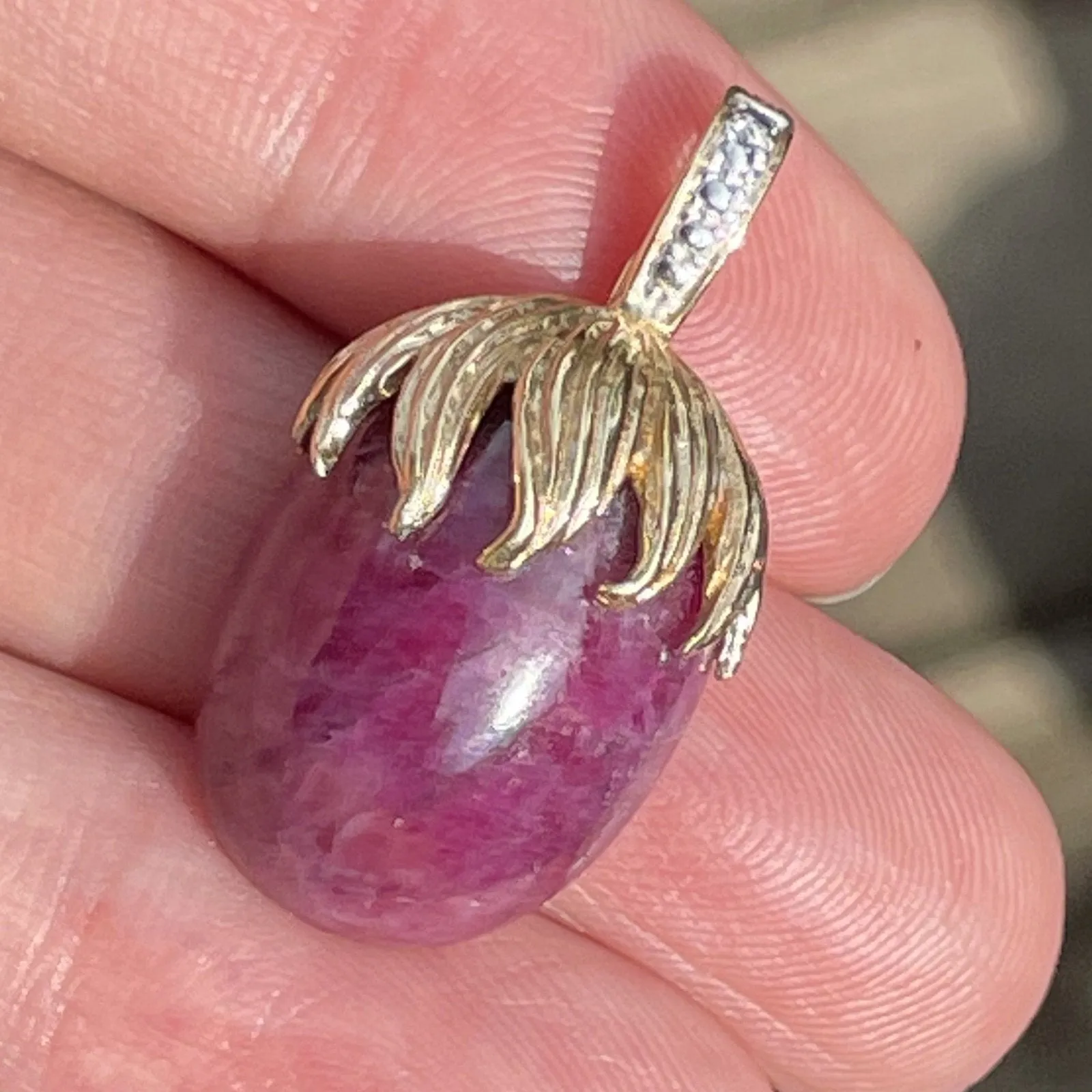 14k Yellow Gold 20 Carat Cabochon Ruby Pendant w Diamond Enhancer Bail