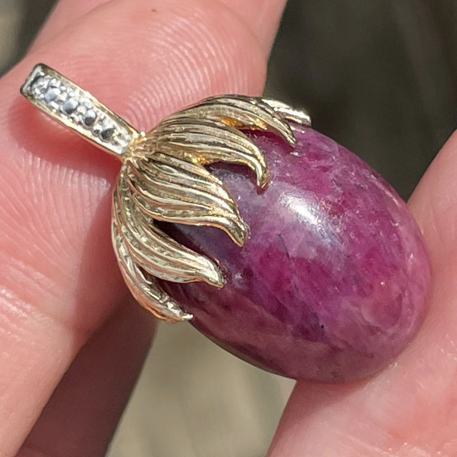 14k Yellow Gold 20 Carat Cabochon Ruby Pendant w Diamond Enhancer Bail