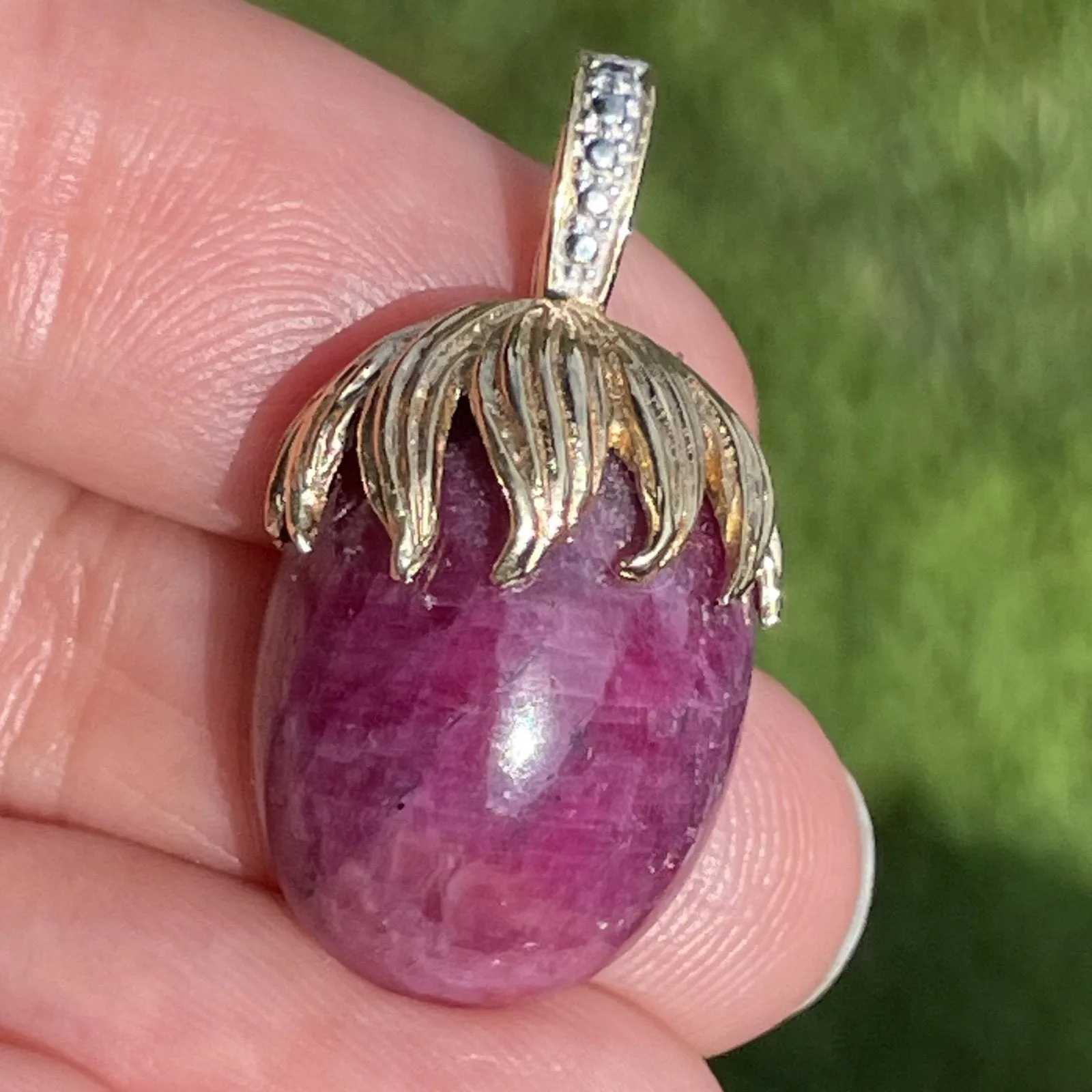14k Yellow Gold 20 Carat Cabochon Ruby Pendant w Diamond Enhancer Bail