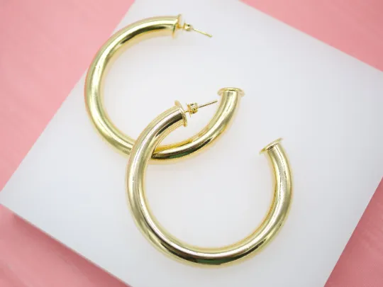 18K Gold Filled 6mm Thick Open Hoop Stud Hoops Earrings For Wholesale Jewelry Supplies & Earring Findings (J57)