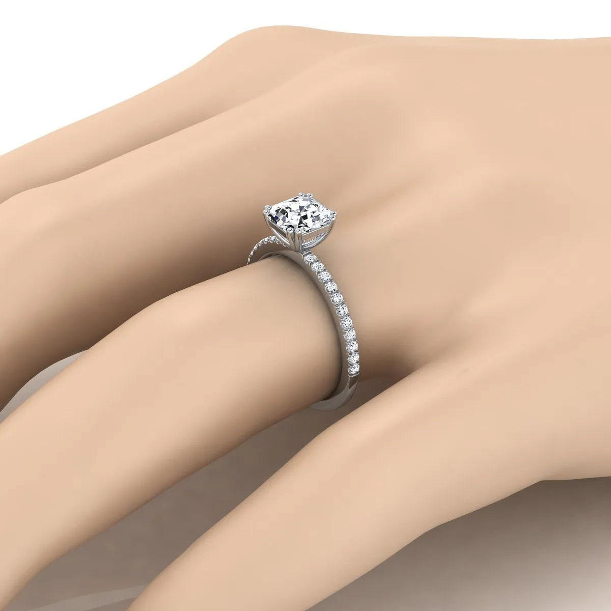 18K White Gold Asscher Cut Diamond Simple French Pave Double Claw Prong Engagement Ring -1/6ctw