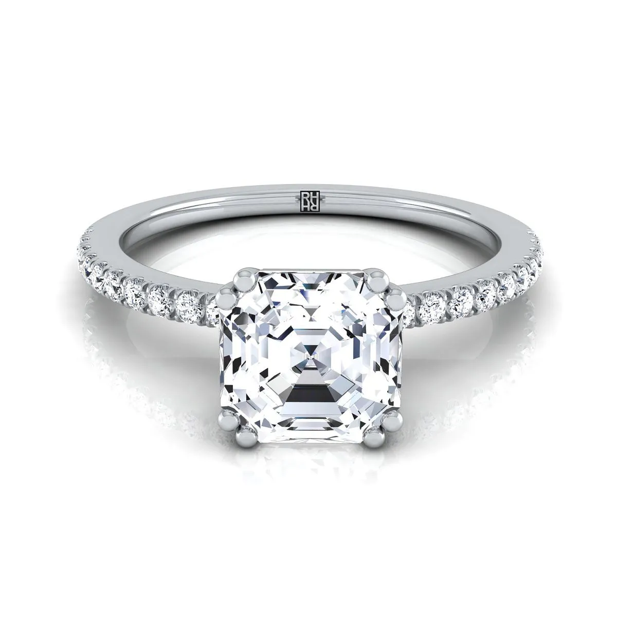 18K White Gold Asscher Cut Diamond Simple French Pave Double Claw Prong Engagement Ring -1/6ctw