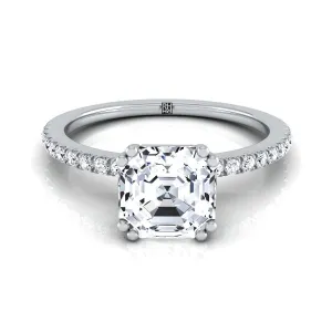 18K White Gold Asscher Cut Diamond Simple French Pave Double Claw Prong Engagement Ring -1/6ctw