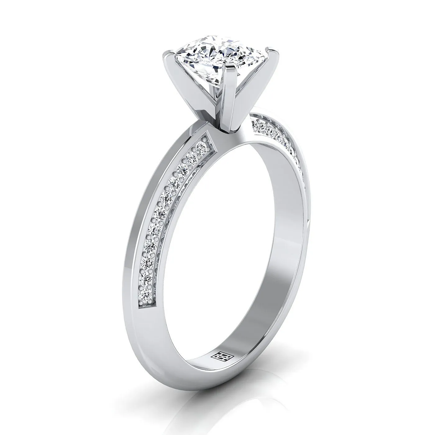 18K White Gold Cushion Diamond Knife Edge Micropave Engagement Ring -1/5ctw