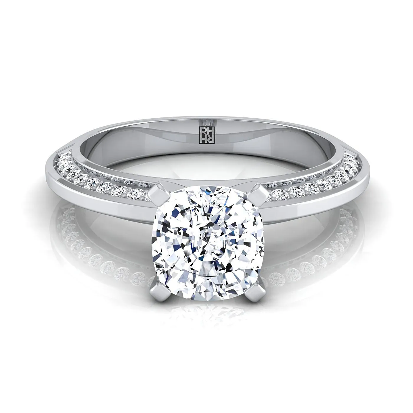 18K White Gold Cushion Diamond Knife Edge Micropave Engagement Ring -1/5ctw