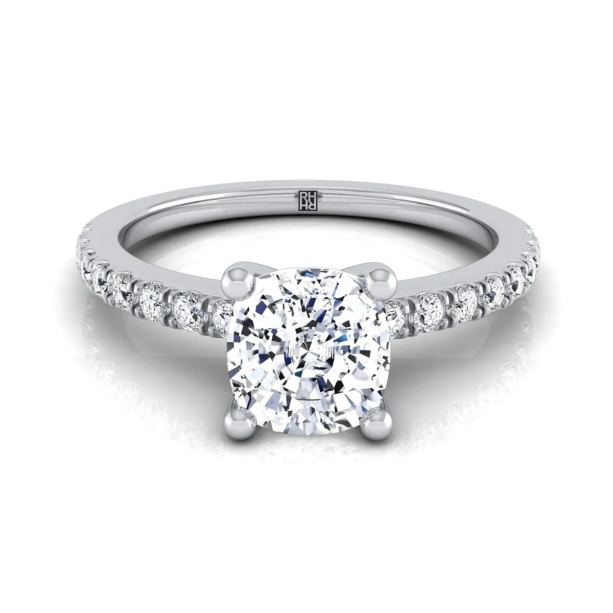 18K White Gold Cushion Simple Linear Diamond Pave Engagement Ring -1/5ctw