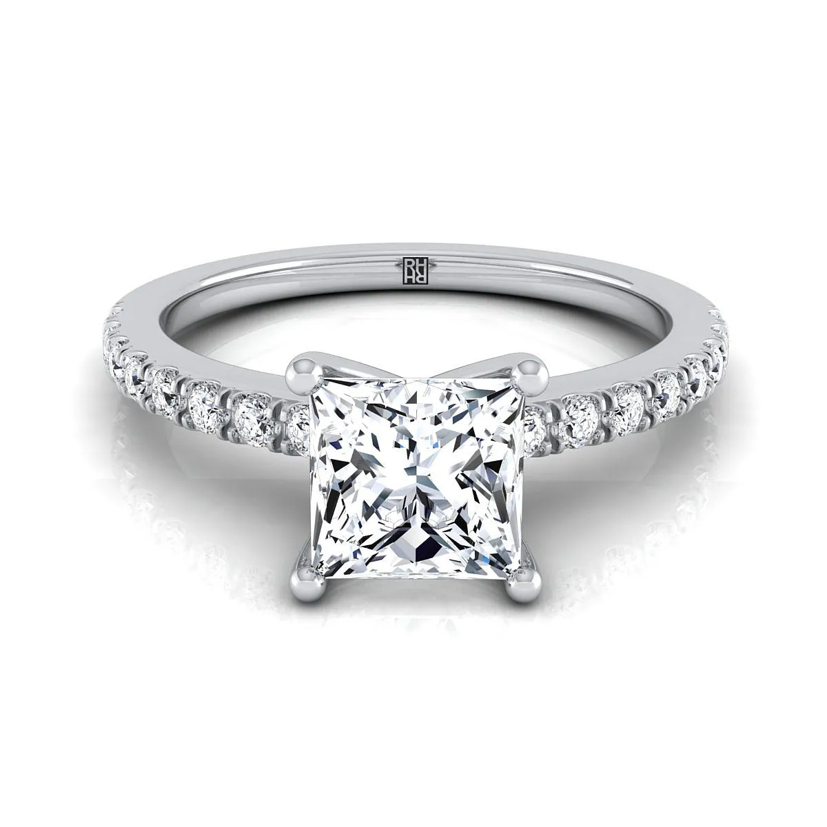 18K White Gold Princess Cut Simple Linear Diamond Pave Engagement Ring -1/5ctw