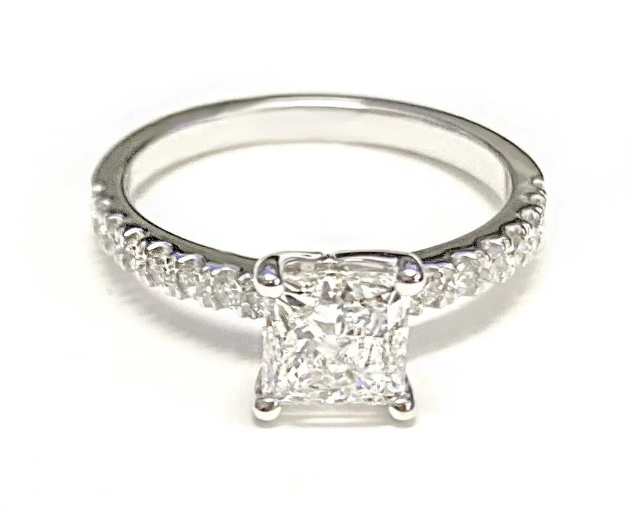 18K White Gold Princess Cut Simple Linear Diamond Pave Engagement Ring -1/5ctw
