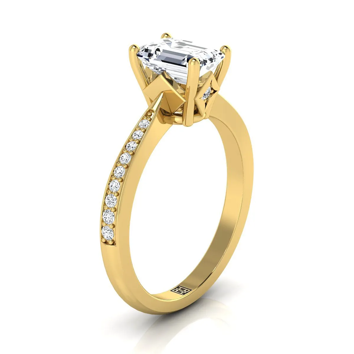 18K Yellow Gold Emerald Cut Diamond Tapered Pave Engagement Ring -1/8ctw