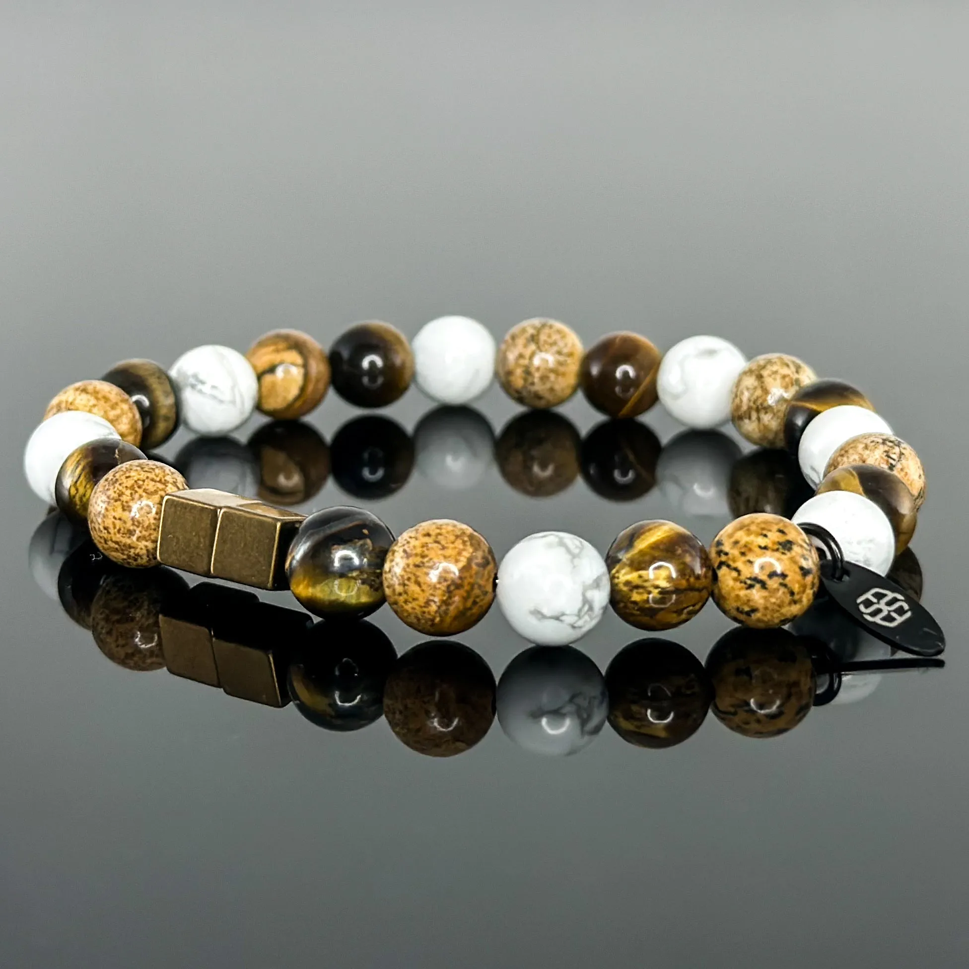 2145 Men's Trio Wristband with White Howlite, Tiger's Eye and Picture Jasper