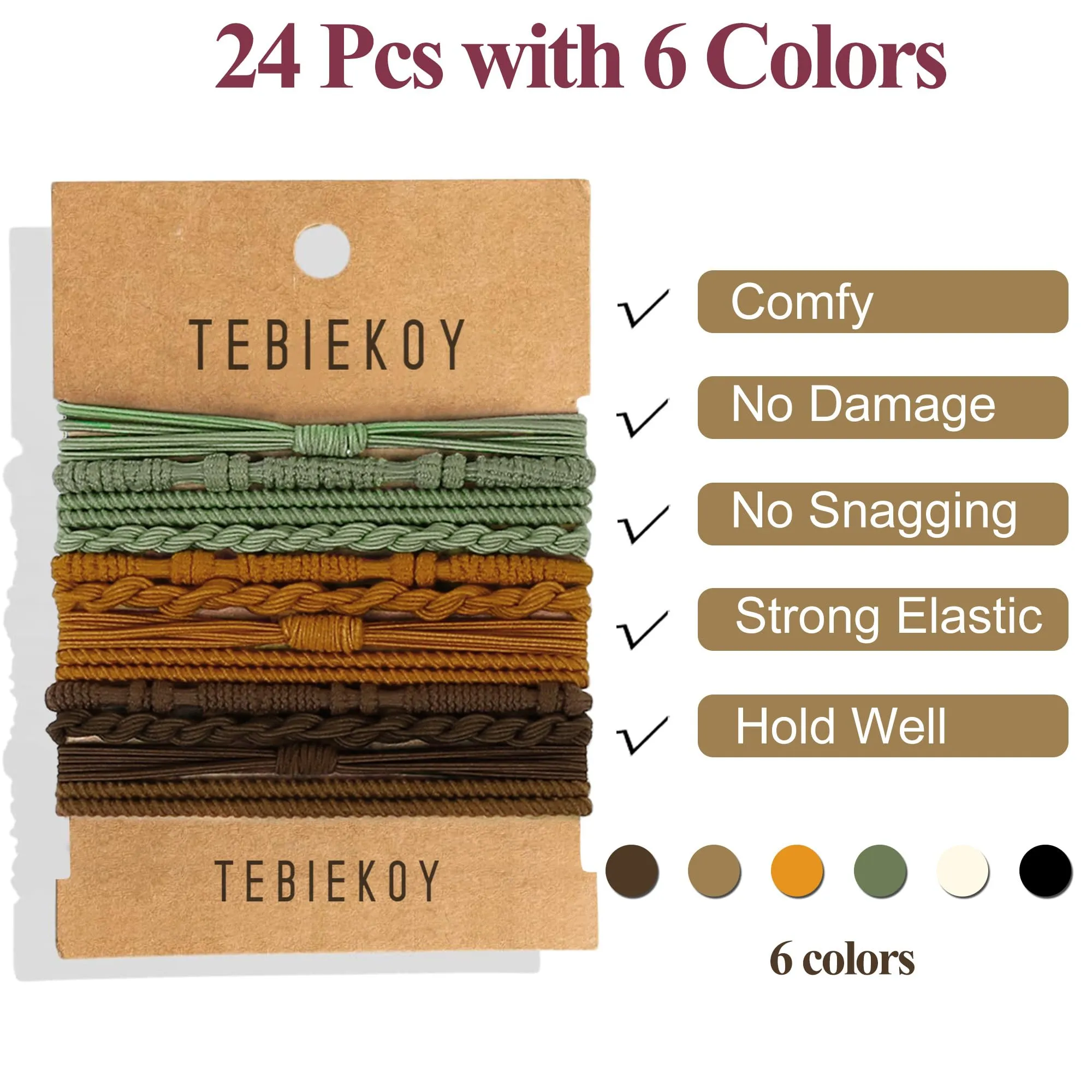 24 Pcs Boho Hair Ties for Women, Elastic Hair Ties No Damage, Hair Bands for Thin and Thick Hair, Black Brown Ponytail Holders for Girls, Cute Hair Tie Bracelet