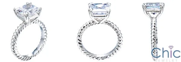 3 Carat Princess Cubic Zirconia Center Rope Twisted Shank 14K W Gold Solitaire Ring