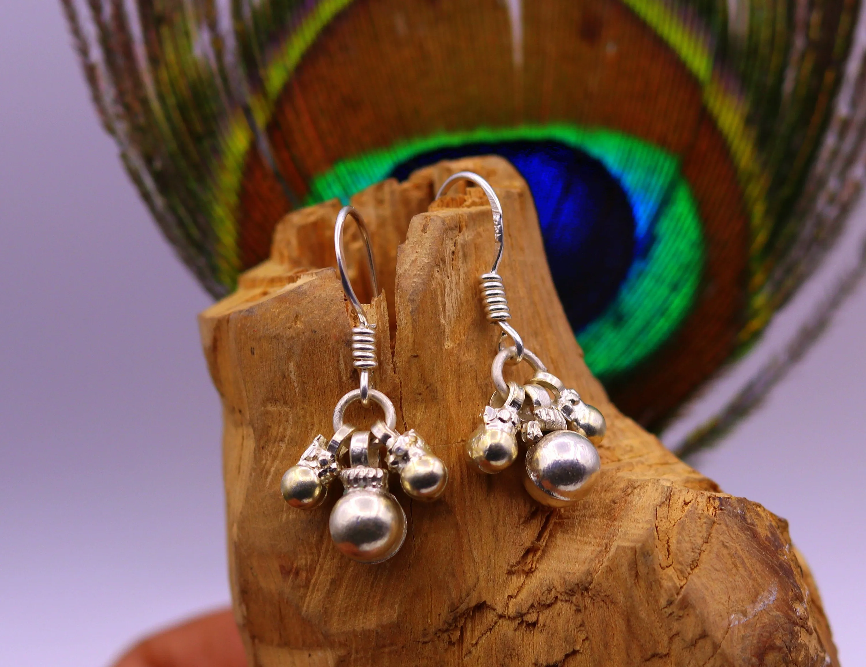 925 sterling silver handmade gorgeous hoops earrings, bells earrings amazing stylish modern hoop earrings for belly dance jewelry s491