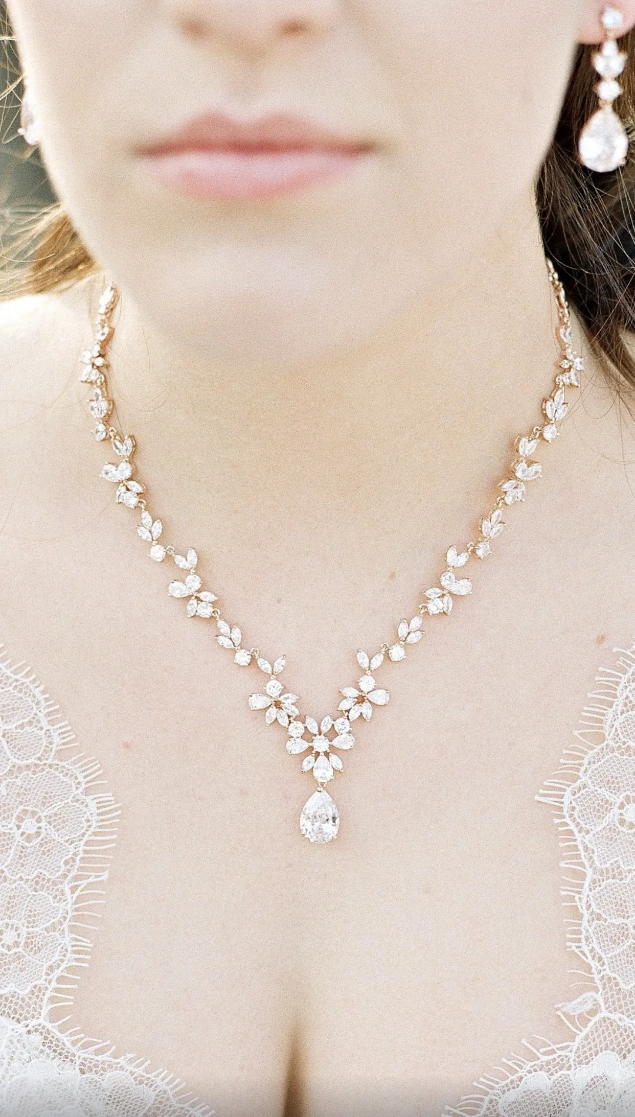 ADELIE Gold Simulated Diamond Necklace and Earrings Set