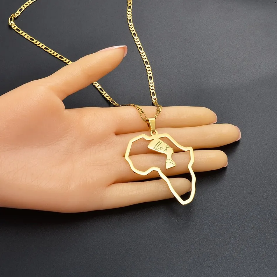 Africa Map Nefertiti Pendant Necklaces in Gold