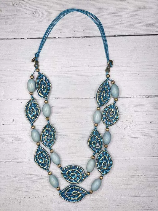 Alisha D Wood Raffia Oval Beaded Long Statement Necklace Adjustable Cord