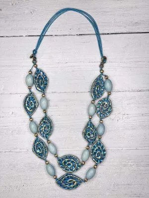Alisha D Wood Raffia Oval Beaded Long Statement Necklace Adjustable Cord