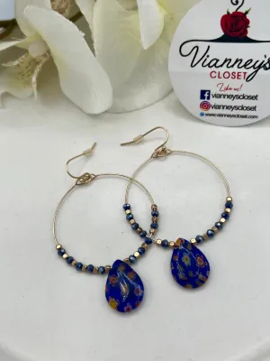 Amelia Blue and Gold Dangle Hoops Fishhook Earrings
