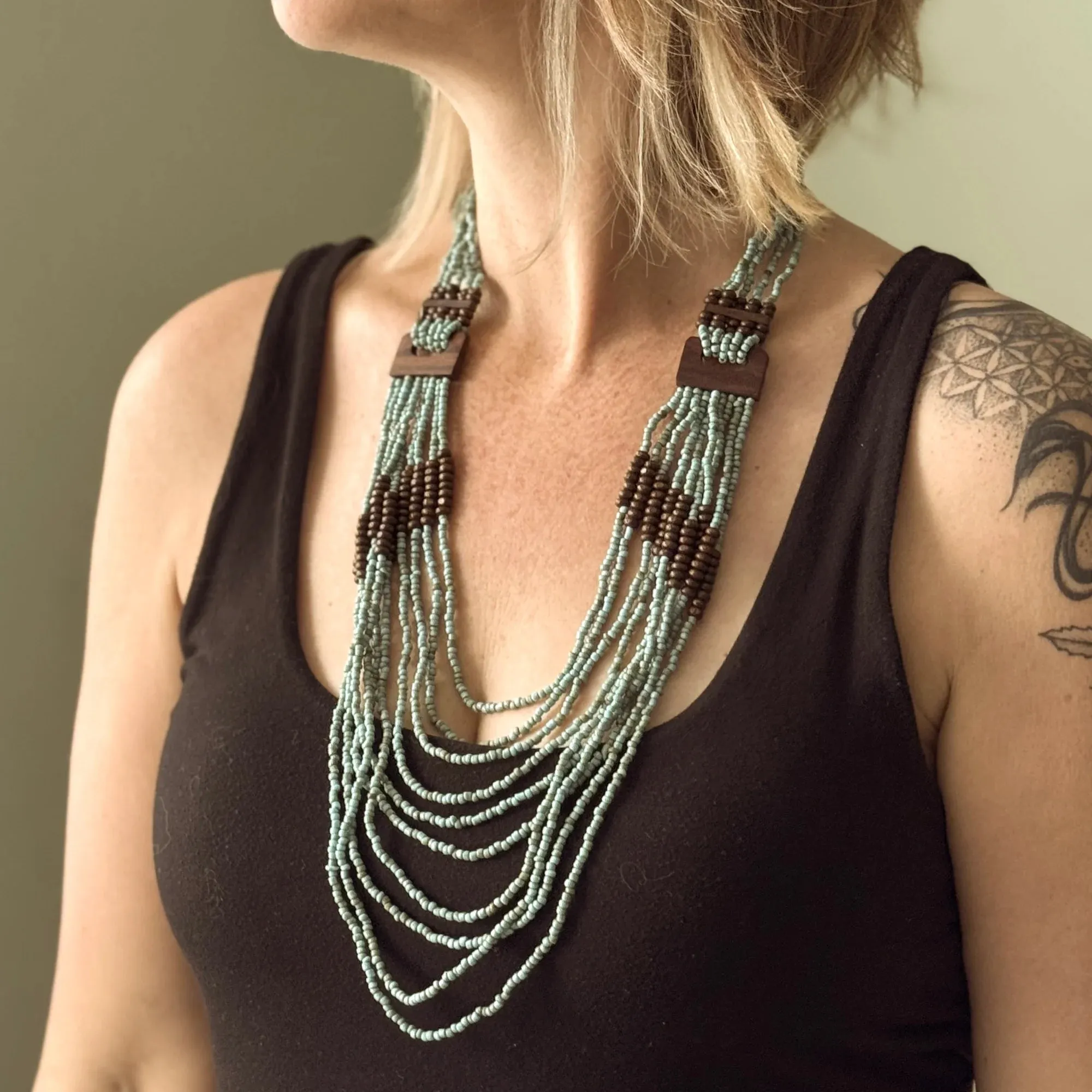 Beaded Necklace with Wooden Detail