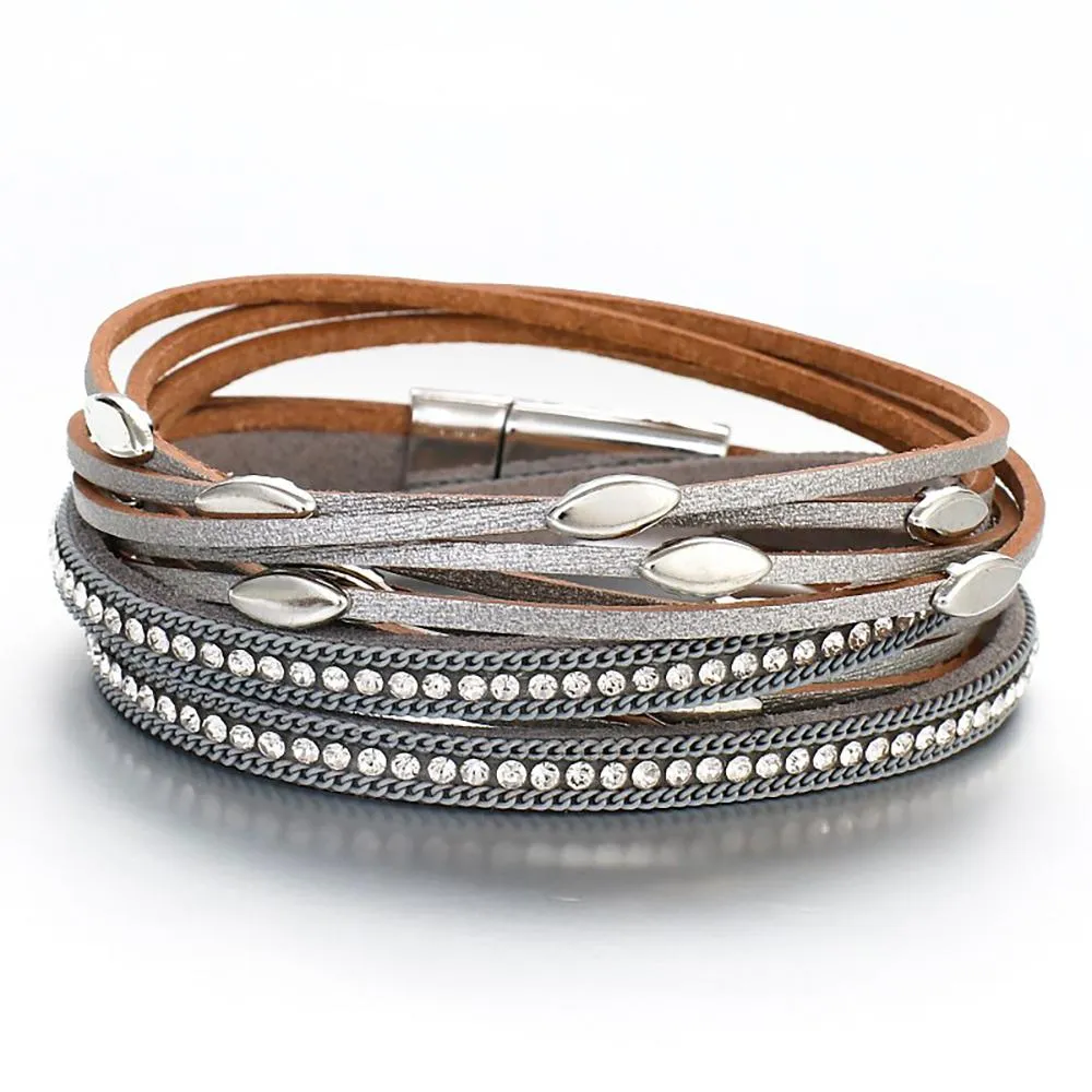 Bohemian Style Multi Layer Leather Wrap Bracelets With Leaf Charm Crystals