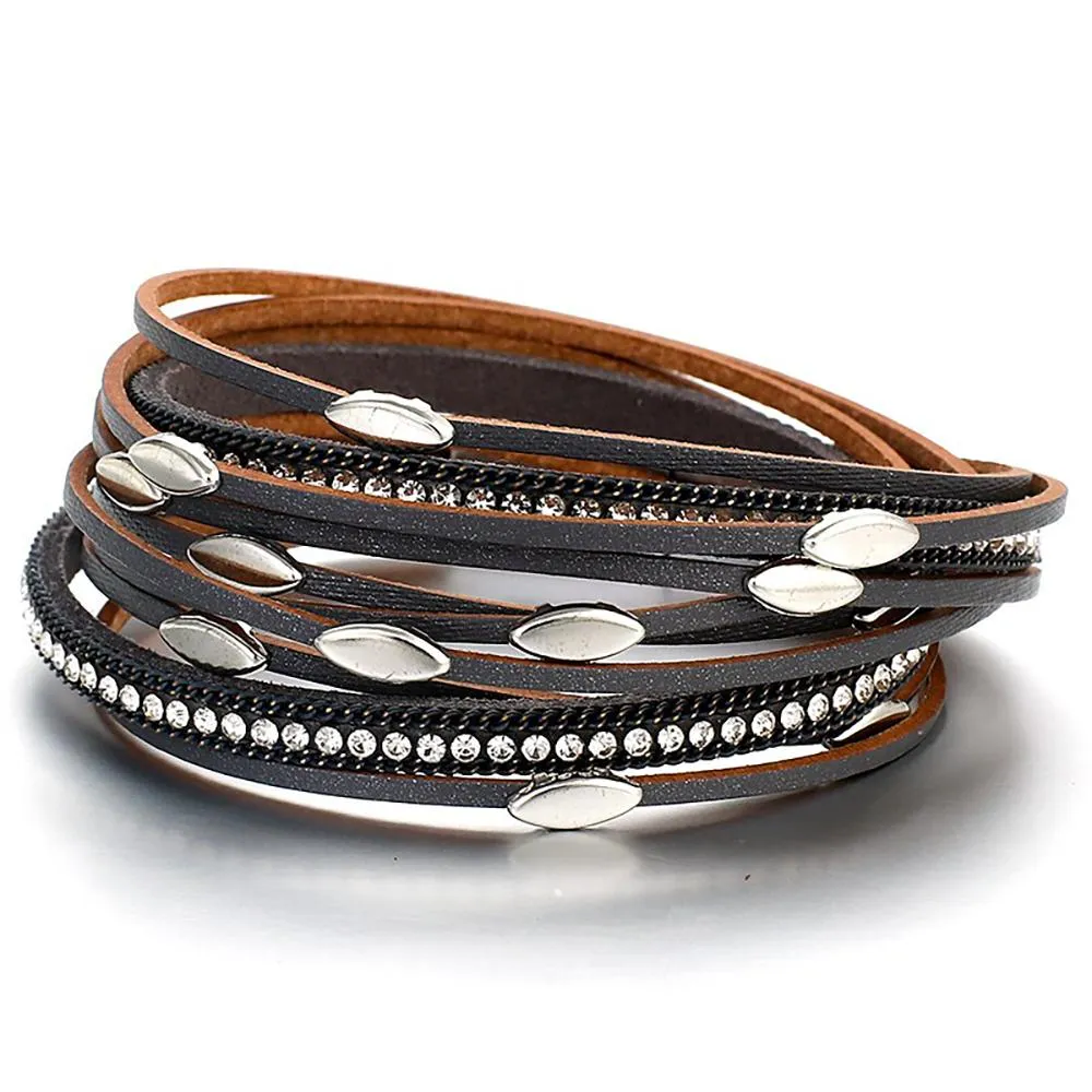 Bohemian Style Multi Layer Leather Wrap Bracelets With Leaf Charm Crystals