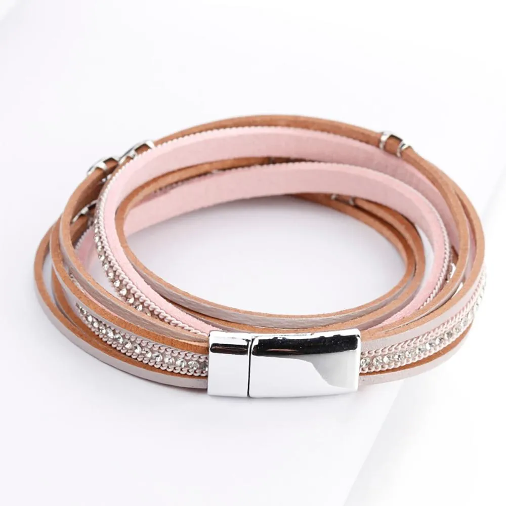 Bohemian Style Multi Layer Leather Wrap Bracelets With Leaf Charm Crystals