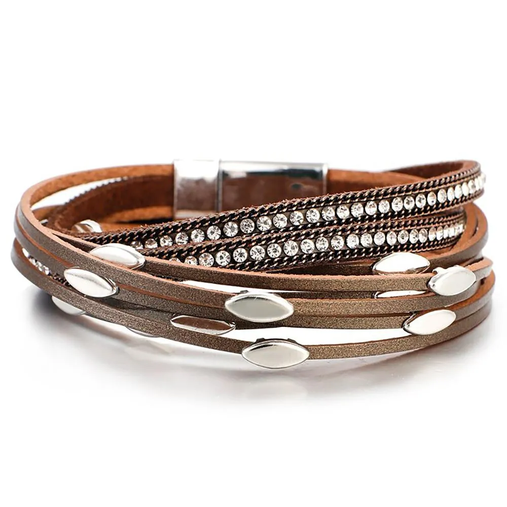 Bohemian Style Multi Layer Leather Wrap Bracelets With Leaf Charm Crystals