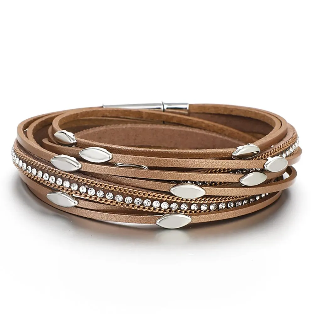 Bohemian Style Multi Layer Leather Wrap Bracelets With Leaf Charm Crystals