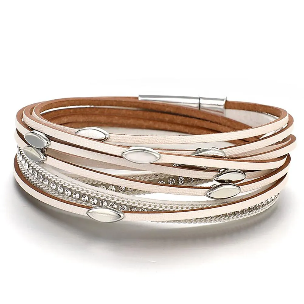 Bohemian Style Multi Layer Leather Wrap Bracelets With Leaf Charm Crystals