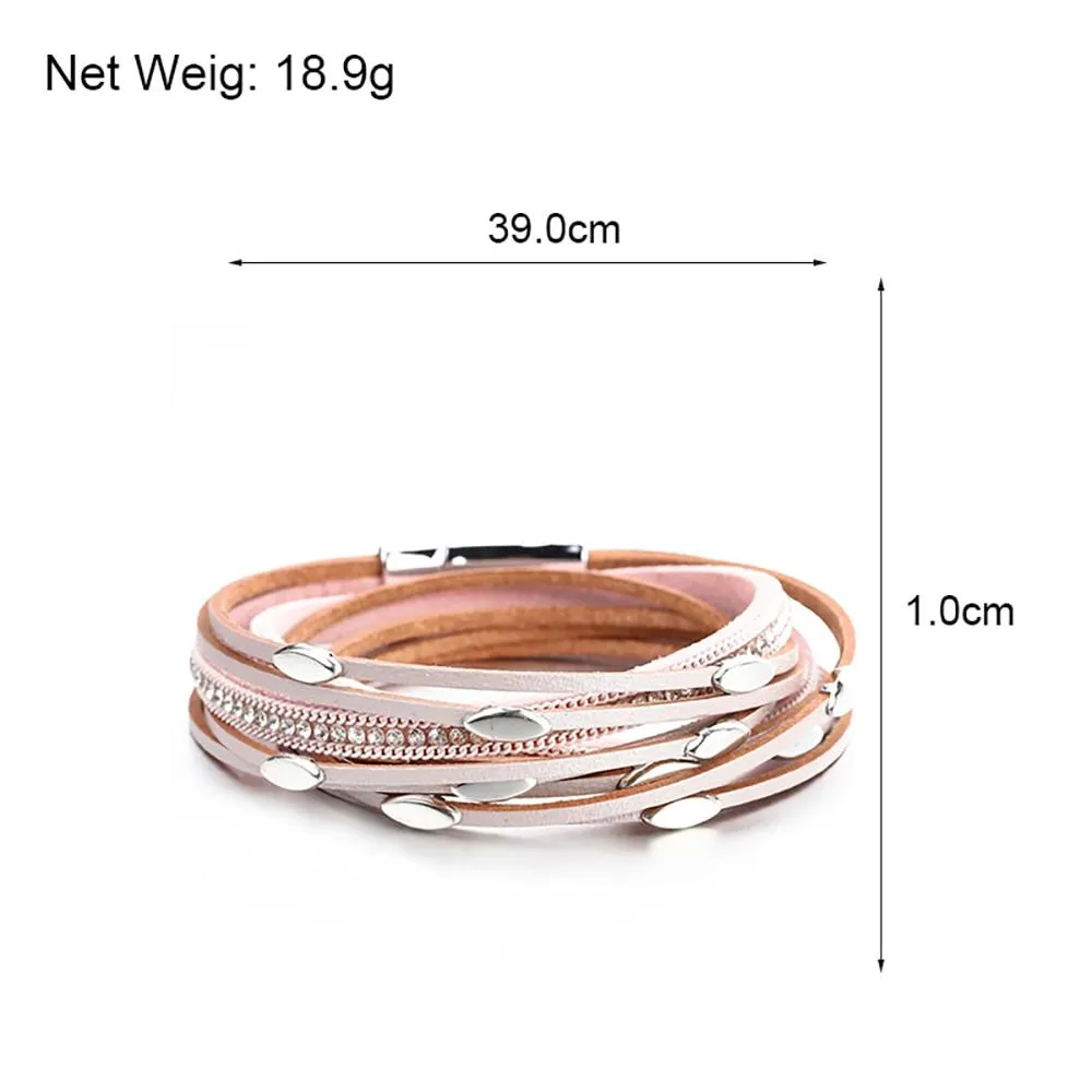 Bohemian Style Multi Layer Leather Wrap Bracelets With Leaf Charm Crystals