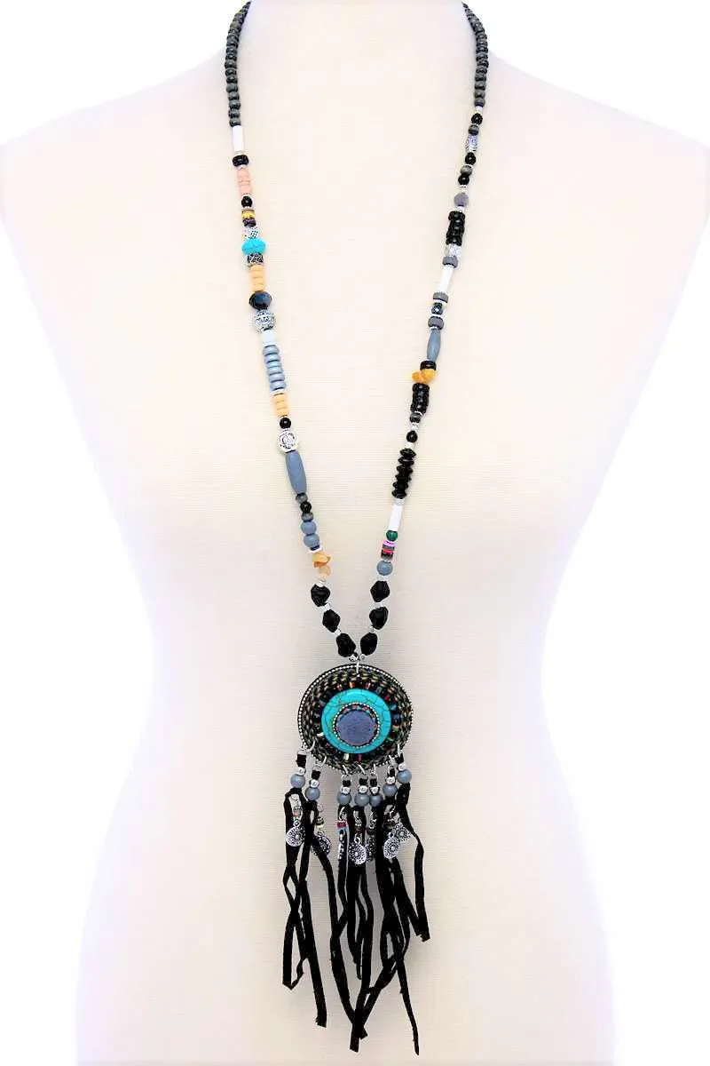 Boho Fringe Turquoise Pendant Necklace