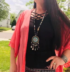 Boho Fringe Turquoise Pendant Necklace