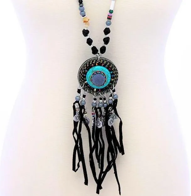 Boho Fringe Turquoise Pendant Necklace