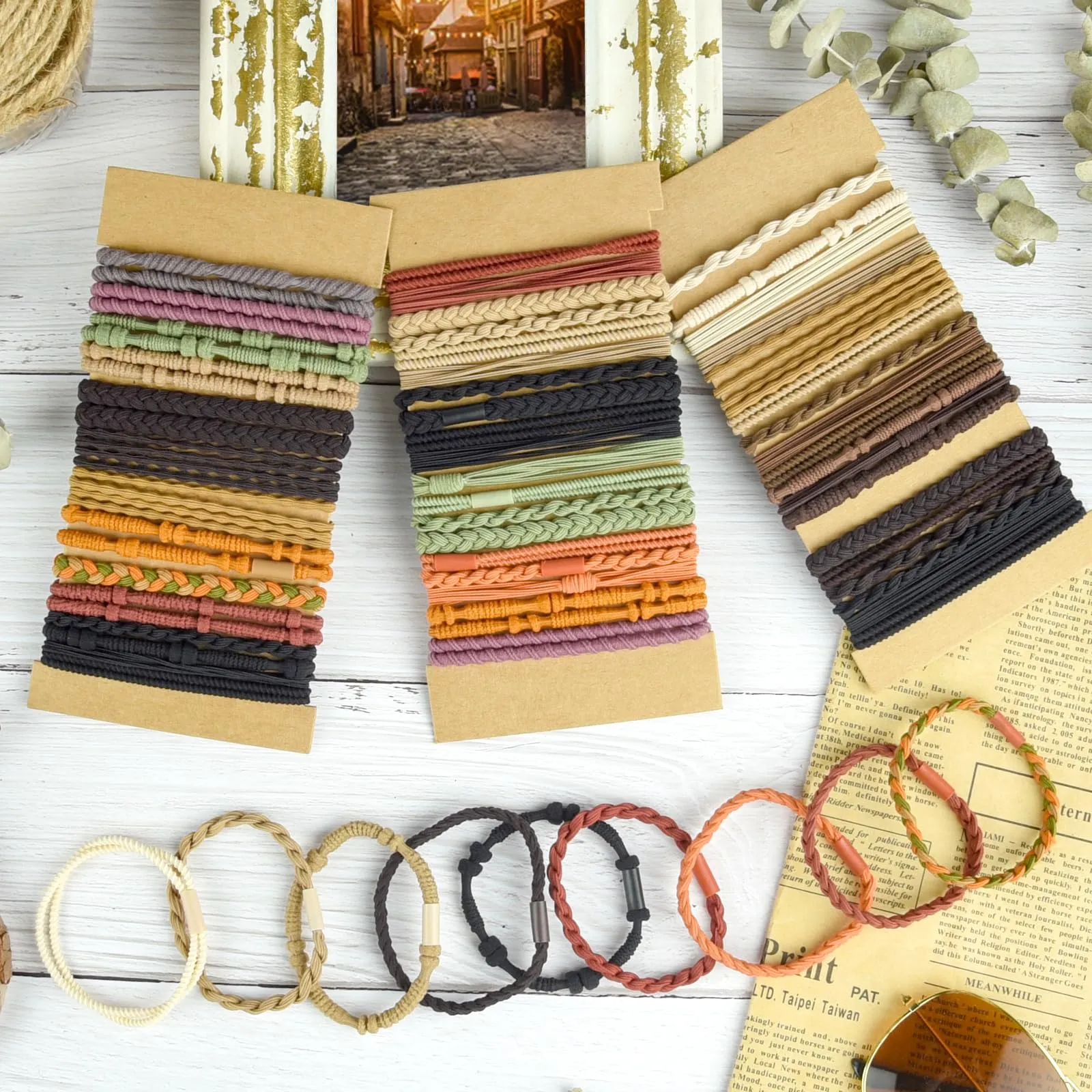Bouiexye Hair Ties for Women - 48PCS Boho Hair Accessories, 6 Styles Hair Tie Bracelets, 14 Colors Non-Damaging Hair Ties for Thick Hair