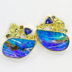 Boulder Opal Earring Tanzanite Alaskan Gold Nuggets 22k 18k Gold