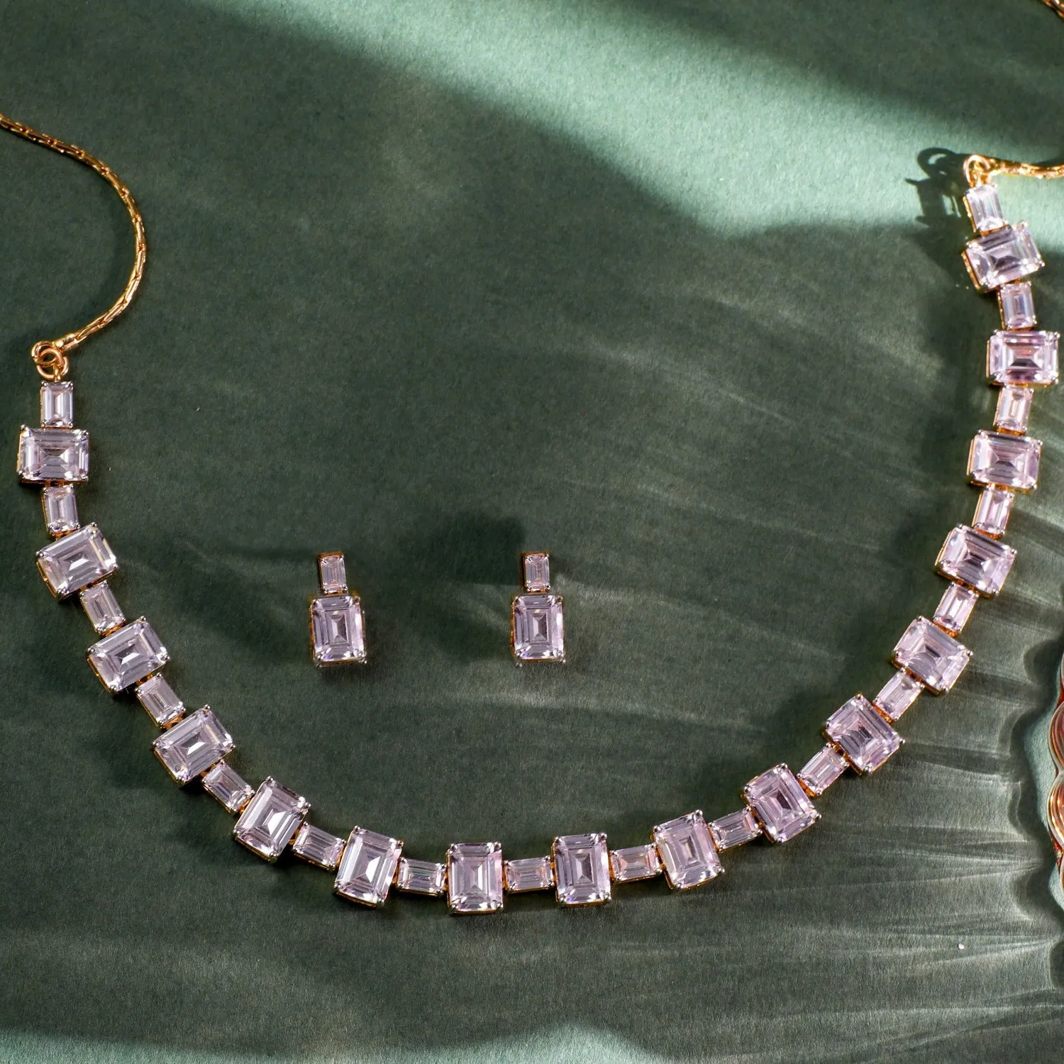 Cascading Emerald Cut CZ Silver Necklace Set