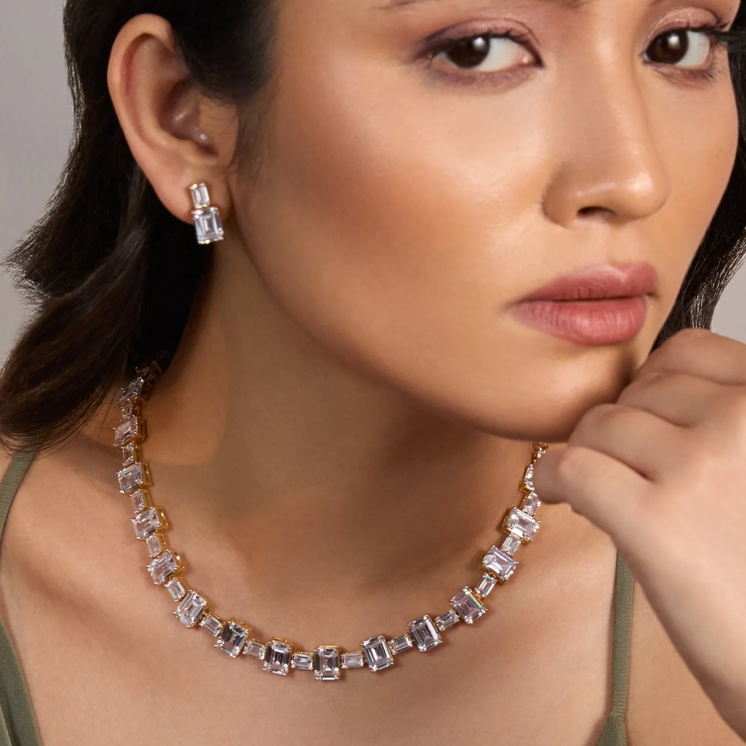 Cascading Emerald Cut CZ Silver Necklace Set