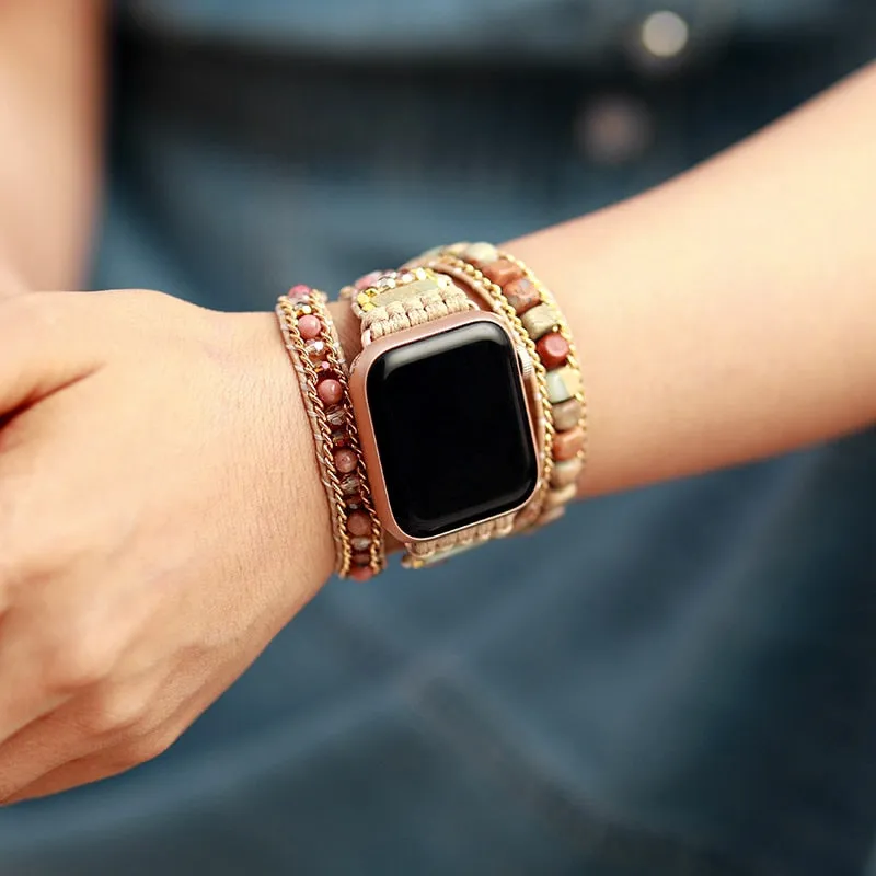 Creative Natural Gems Stone Aple Watch Band Beads Boho 3X Wrap Vegan Rope Watch Strap Wristband Bracelet Accessories Dropship
