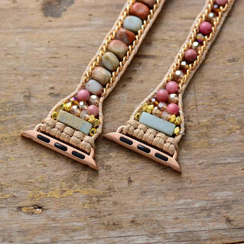 Creative Natural Gems Stone Aple Watch Band Beads Boho 3X Wrap Vegan Rope Watch Strap Wristband Bracelet Accessories Dropship